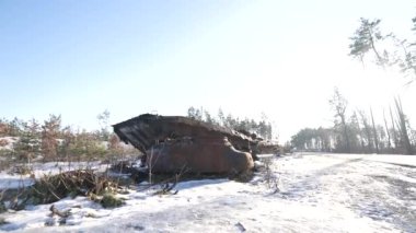 This stock video shows destroyed russian military equipment during the war in Ukraine.