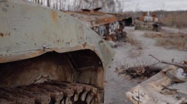 This stock video shows destroyed russian military equipment during the war in Ukraine.