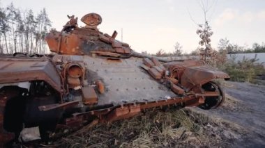 This stock video shows destroyed russian military equipment during the war in Ukraine.