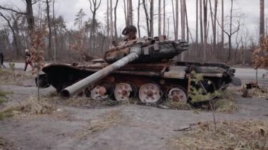 This stock video shows destroyed russian military equipment during the war in Ukraine.