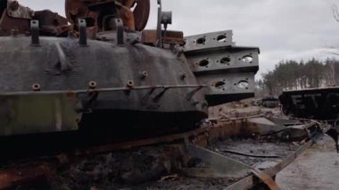 This stock video shows destroyed russian military equipment during the war in Ukraine.