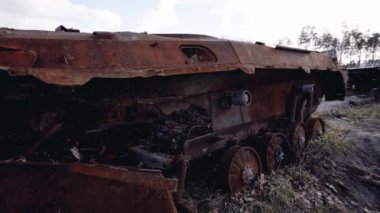 This stock video shows destroyed russian military equipment during the war in Ukraine.