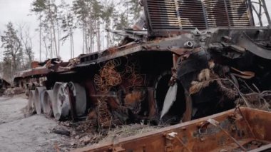 This stock video shows destroyed russian military equipment during the war in Ukraine.