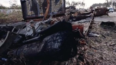 This stock video shows destroyed russian military equipment during the war in Ukraine.