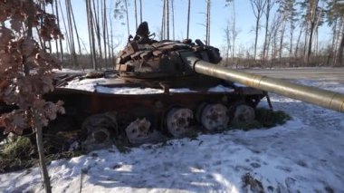 This stock video shows destroyed russian military equipment during the war in Ukraine.