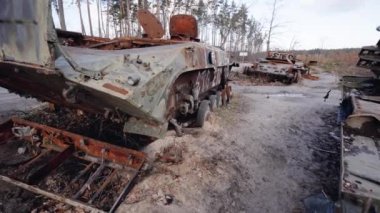 This stock video shows destroyed russian military equipment during the war in Ukraine.