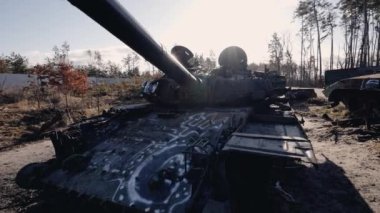 This stock video shows destroyed russian military equipment during the war in Ukraine.