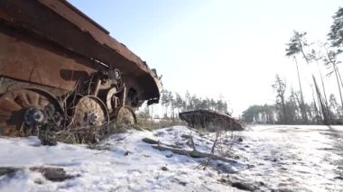 This stock video shows destroyed russian military equipment during the war in Ukraine.