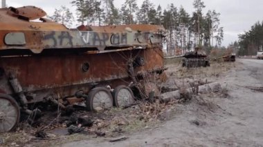 This stock video shows destroyed russian military equipment during the war in Ukraine.