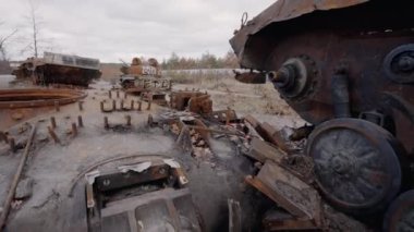 This stock video shows destroyed russian military equipment during the war in Ukraine.