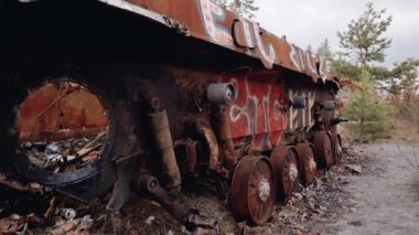 This stock video shows destroyed russian military equipment during the war in Ukraine.