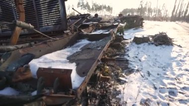 This stock video shows destroyed russian military equipment during the war in Ukraine.