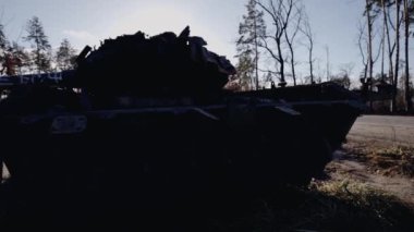 This stock video shows destroyed russian military equipment during the war in Ukraine.