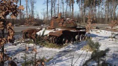 This stock video shows destroyed russian military equipment during the war in Ukraine.