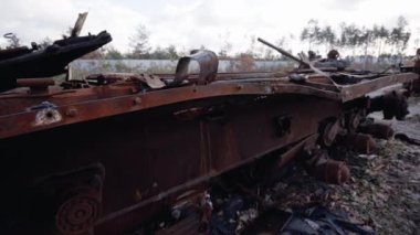 This stock video shows destroyed russian military equipment during the war in Ukraine.