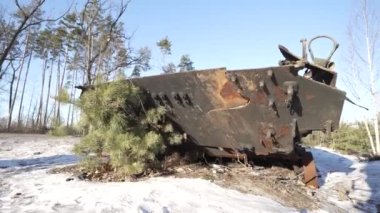 This stock video shows destroyed russian military equipment during the war in Ukraine.