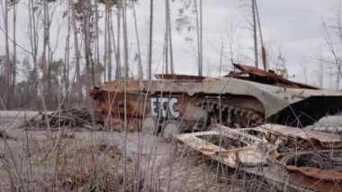This stock video shows destroyed russian military equipment during the war in Ukraine.