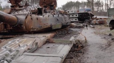 This stock video shows destroyed russian military equipment during the war in Ukraine.