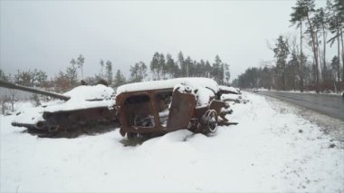 This stock video shows destroyed russian military equipment during the war in Ukraine in 8K resolution