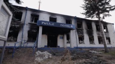 This stock video shows a police station destroyed during the war in Ukraine, slow motion