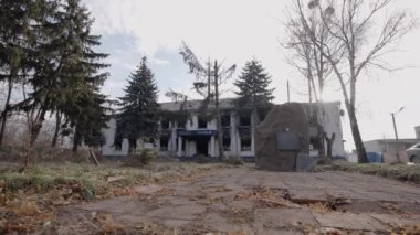 This stock video shows a police station destroyed during the war in Ukraine, slow motion