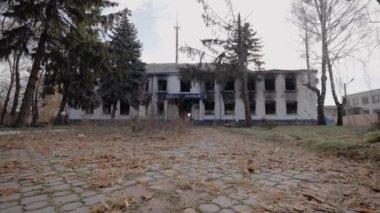 This stock video shows a police station destroyed during the war in Ukraine, slow motion