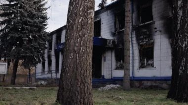 This stock video shows a police station destroyed during the war in Ukraine, slow motion