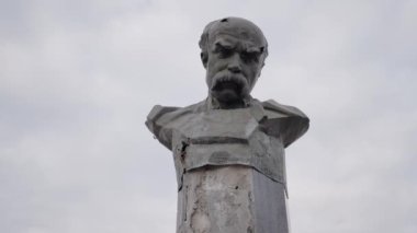 This stock video shows the shot-through monument to Taras Shevchenko in Borodyanka, Ukraine