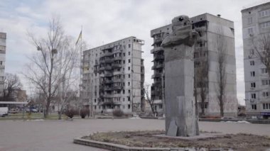 This stock video shows the shot-through monument to Taras Shevchenko in Borodyanka, Ukraine