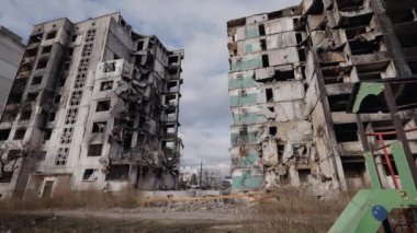 This stock slow motion video shows a war-torn building in Borodyanka, Ukraine