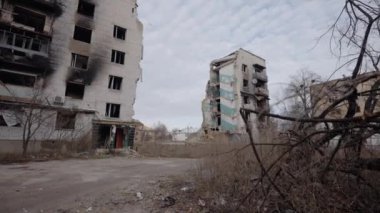 This stock slow motion video shows a war-torn building in Borodyanka, Ukraine