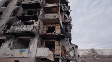 This stock slow motion video shows a war-torn building in Borodyanka, Ukraine