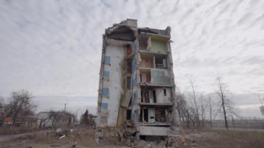 This stock slow motion video shows a war-torn building in Borodyanka, Ukraine