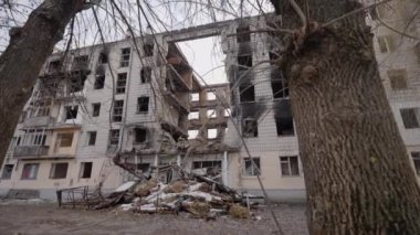 This stock slow motion video shows a war-torn building in Borodyanka, Ukraine