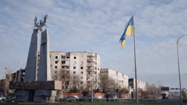 This stock slow motion video shows a war-torn building in Borodyanka, Ukraine