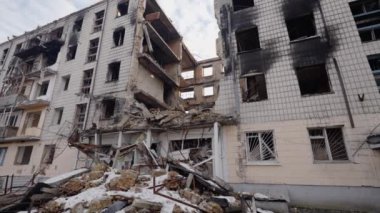 This stock slow motion video shows a war-torn building in Borodyanka, Ukraine