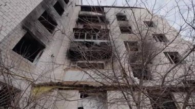 This stock slow motion video shows a war-torn building in Borodyanka, Ukraine