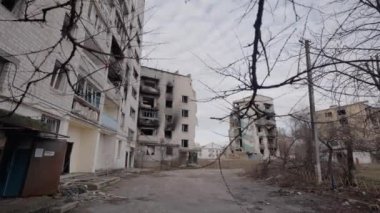 This stock slow motion video shows a war-torn building in Borodyanka, Ukraine