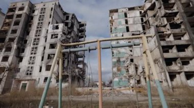 This stock slow motion video shows a war-torn building in Borodyanka, Ukraine