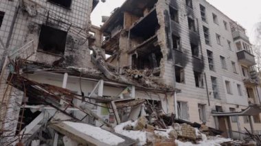 This stock slow motion video shows a war-torn building in Borodyanka, Ukraine