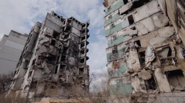 This stock slow motion video shows a war-torn building in Borodyanka, Ukraine