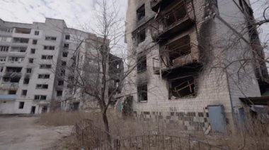 This stock slow motion video shows a war-torn building in Borodyanka, Ukraine