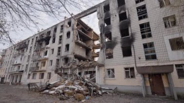 This stock slow motion video shows a war-torn building in Borodyanka, Ukraine
