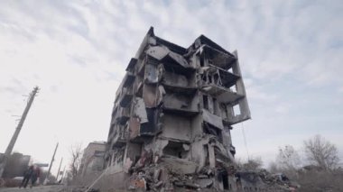 This stock slow motion video shows a war-torn building in Borodyanka, Ukraine