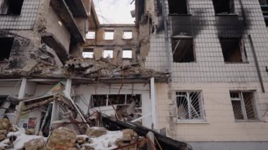 This stock slow motion video shows a war-torn building in Borodyanka, Ukraine