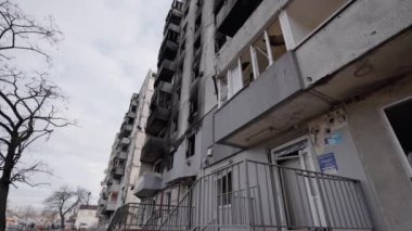 This stock slow motion video shows a war-torn building in Borodyanka, Ukraine