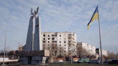 This stock slow motion video shows a war-torn building in Borodyanka, Ukraine