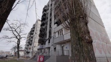 This stock slow motion video shows a war-torn building in Borodyanka, Ukraine