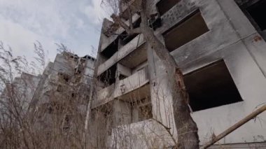 This stock slow motion video shows a war-torn building in Borodyanka, Ukraine
