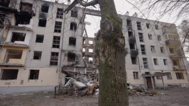 This stock slow motion video shows a war-torn building in Borodyanka, Ukraine